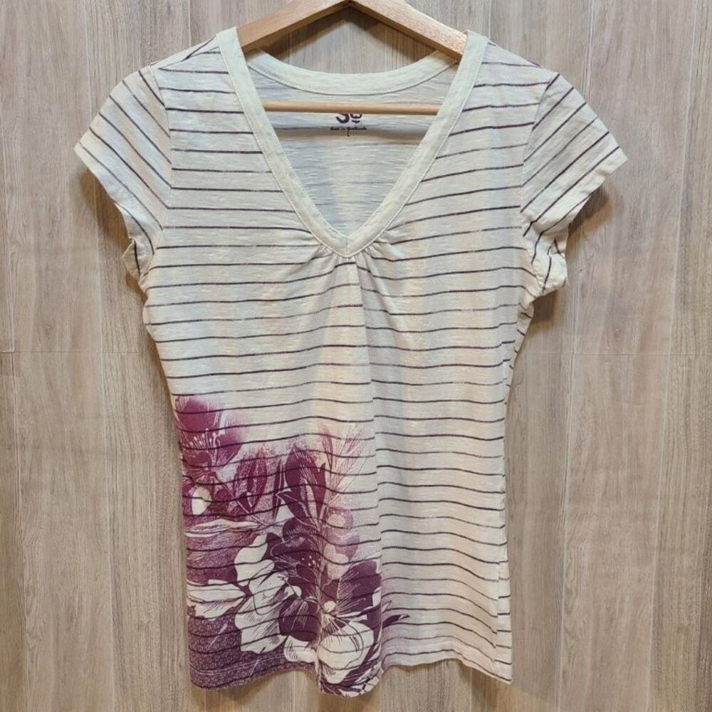 SO Juniors Small V-Neck T-Shirt White Purple Striped Floral Cotton Short Sleeve